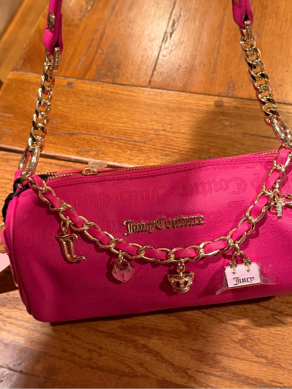 Juicy Couture Bright Pink Shoulder Bag with Gold Charm Chain